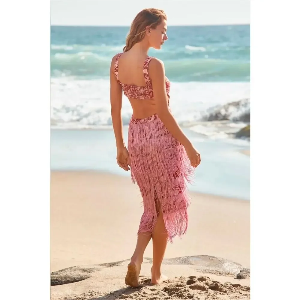 🤍 Anthropologie Linen Fringe Column Textured Statement Midi Dress L🤍 - Picture 2 of 3